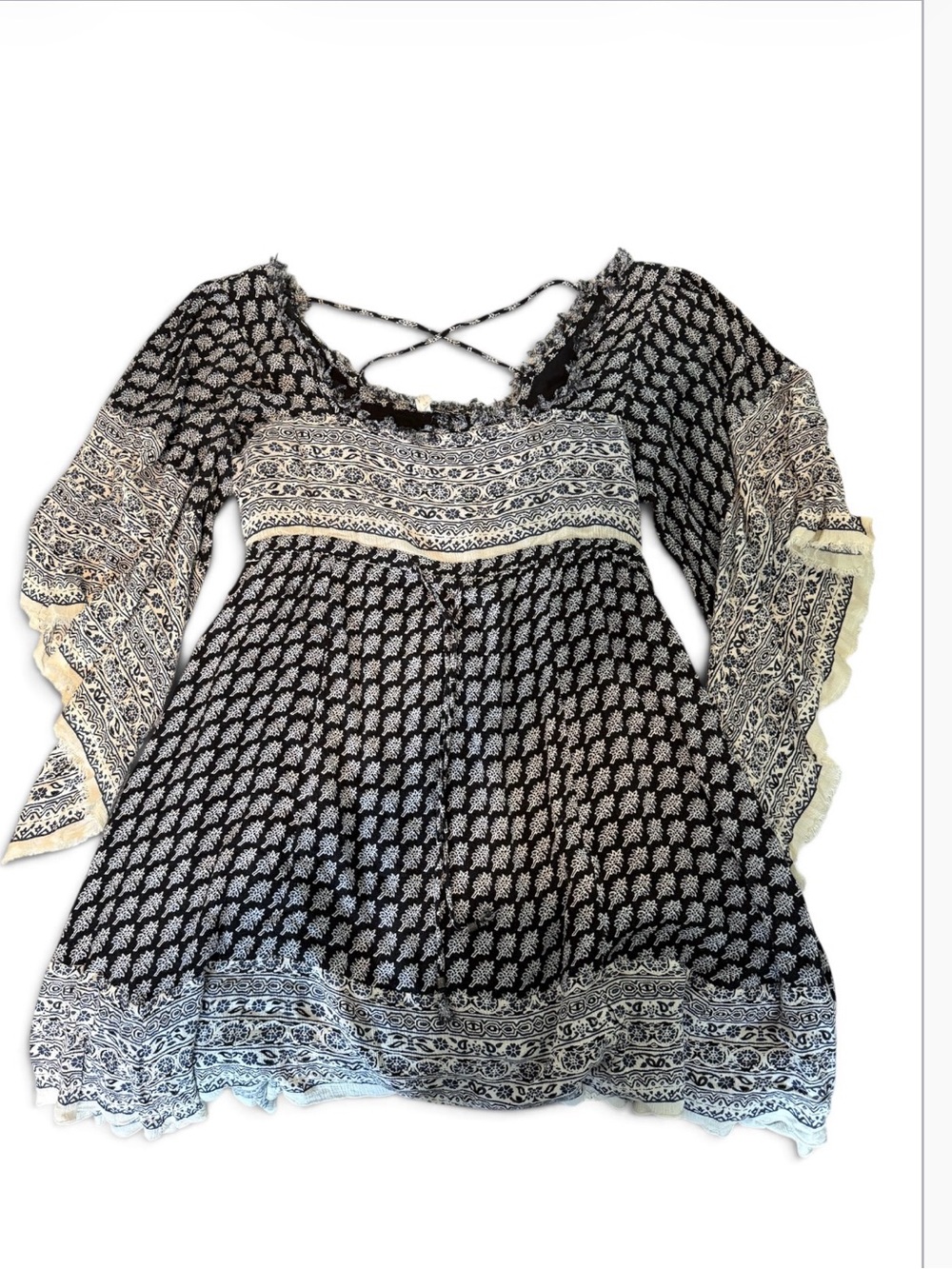 Free people Blue & Ivory Boho Paisley Mini Dress Long Sleeve Empire Waist